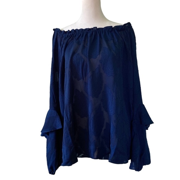 MICHAEL Michael Kors Navy Blue Leaf Jacquard Off-The-Shoulder Blouse (Size L) - Picture 2 of 16